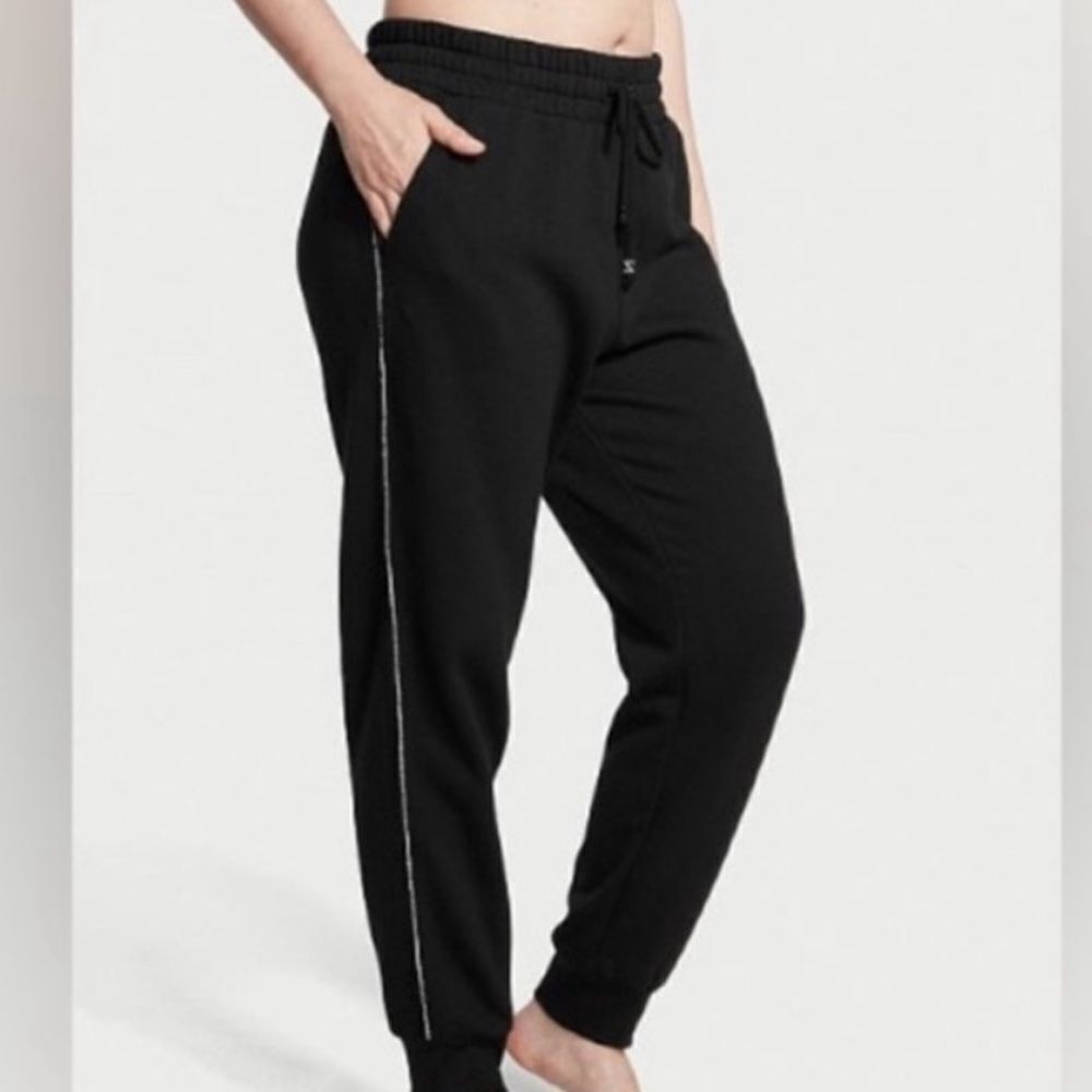 Victoria’s Secret Cotton Fleece Diamante Bling High-Rise Joggers Pants Black XXL